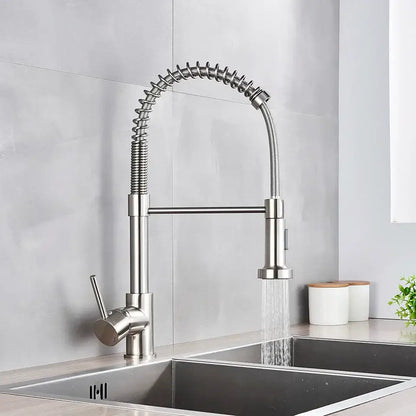 Brushed nickel coiled spring kitchen faucet with pull down sprayer