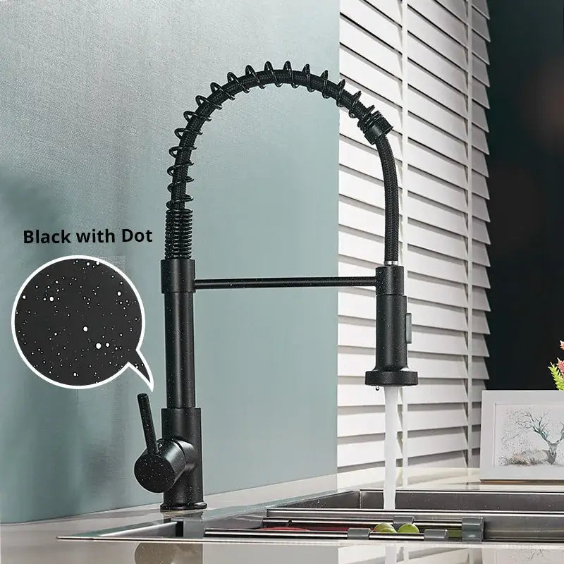 Brushed nickel coiled spring kitchen faucet with pull down sprayer