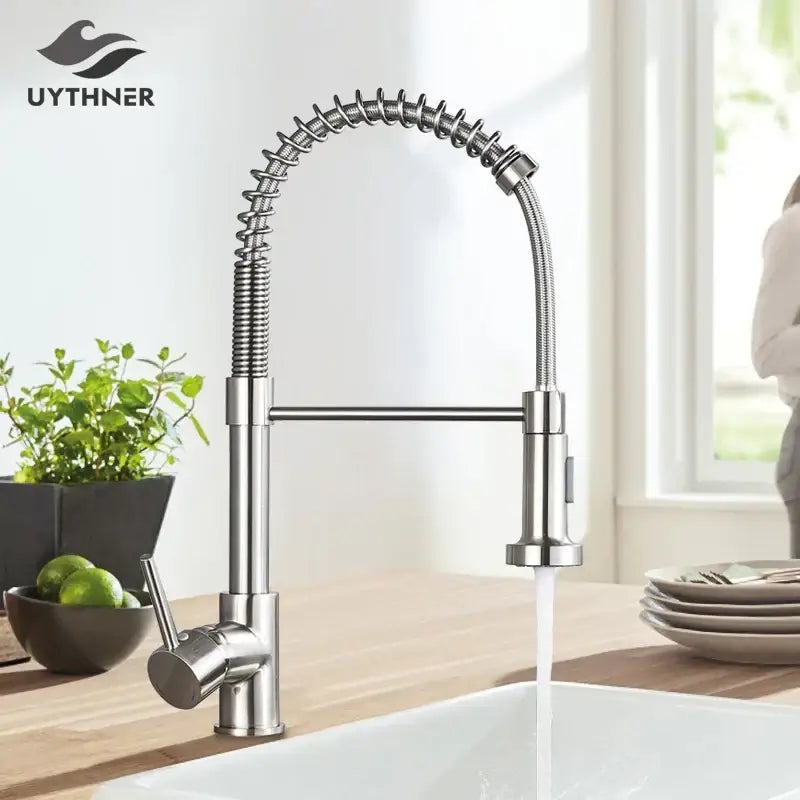 Brushed nickel coiled spring kitchen faucet with pull down sprayer