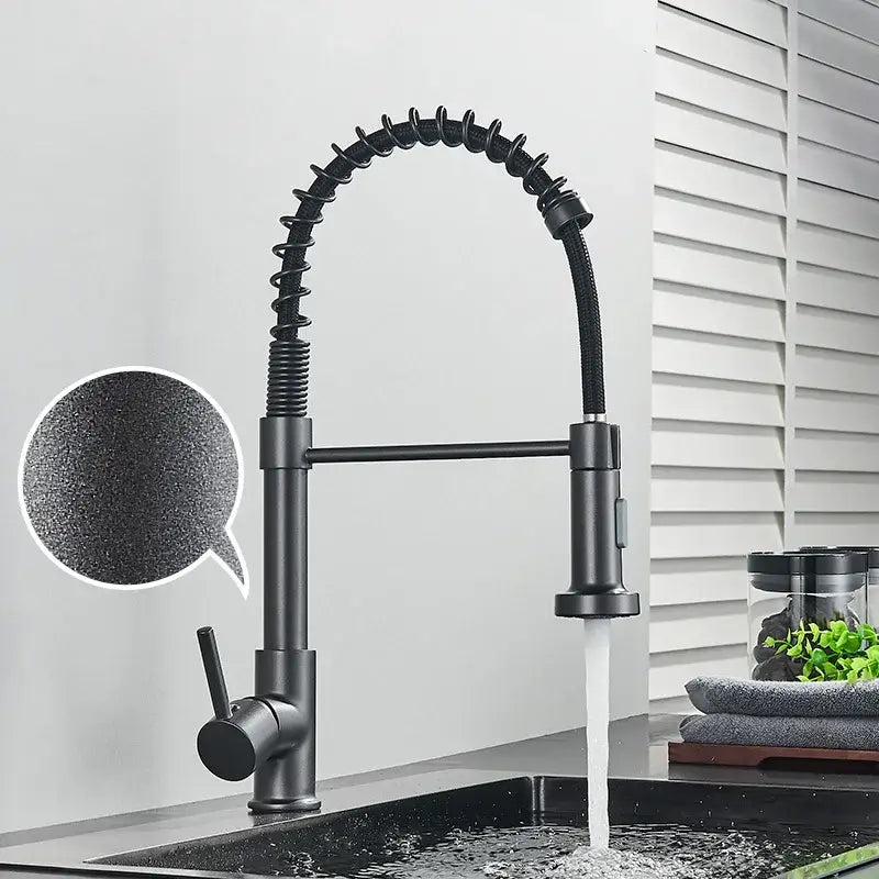 Brushed nickel coiled spring kitchen faucet with pull down sprayer