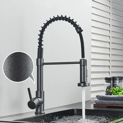 Brushed nickel coiled spring kitchen faucet with pull down sprayer
