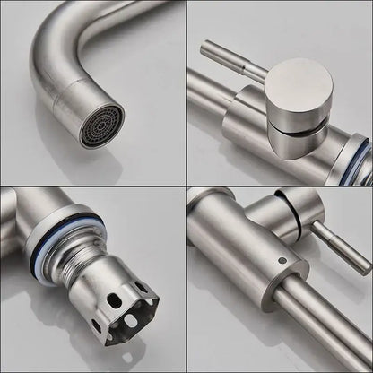 Brushed nickel kitchen faucet with curved swivel spout