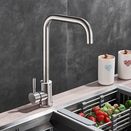 Brushed nickel kitchen faucet with curved swivel spout