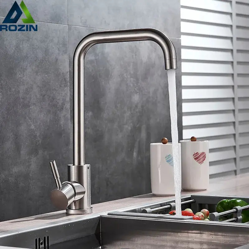 Brushed nickel kitchen faucet with curved swivel spout