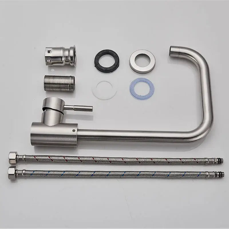 Brushed nickel kitchen faucet with curved swivel spout