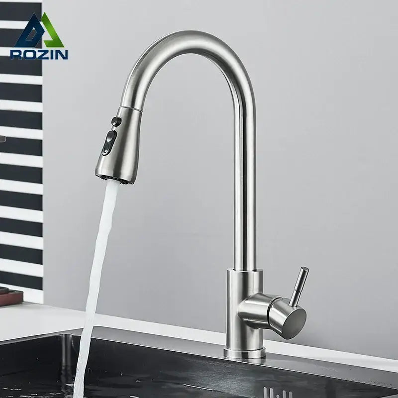Brushed nickel kitchen faucet with flexible pull down sprayer