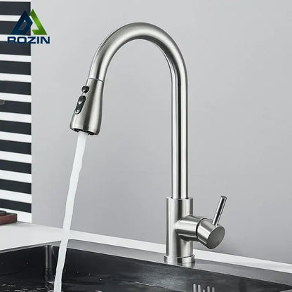 Brushed nickel kitchen faucet with flexible pull down sprayer