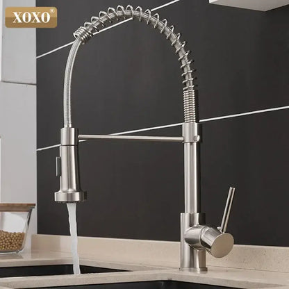 Brushed nickel kitchen faucet with pull down coiled gooseneck spout