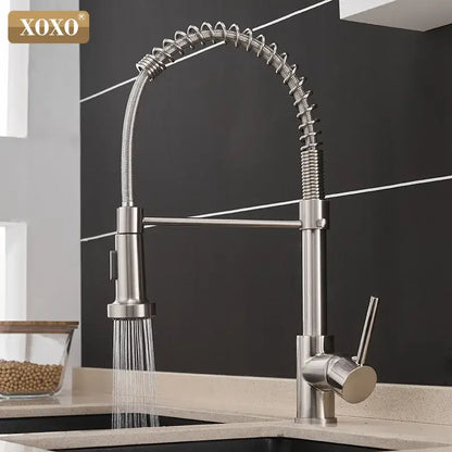 Brushed nickel kitchen faucet with pull down coiled gooseneck spout