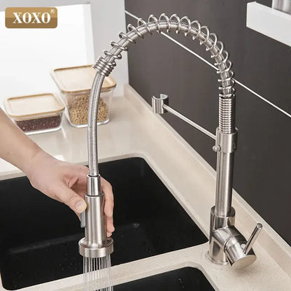 Brushed nickel kitchen faucet with pull down coiled gooseneck spout