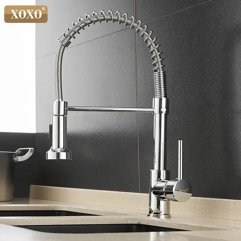 Brushed nickel kitchen faucet with pull down coiled gooseneck spout