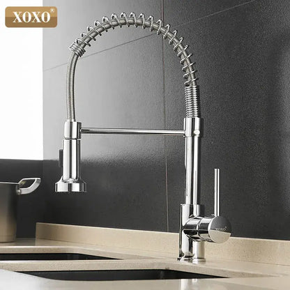 Brushed nickel kitchen faucet with pull down coiled gooseneck spout