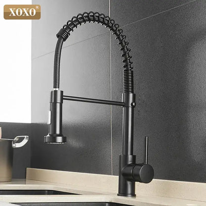 Brushed nickel kitchen faucet with pull down coiled gooseneck spout