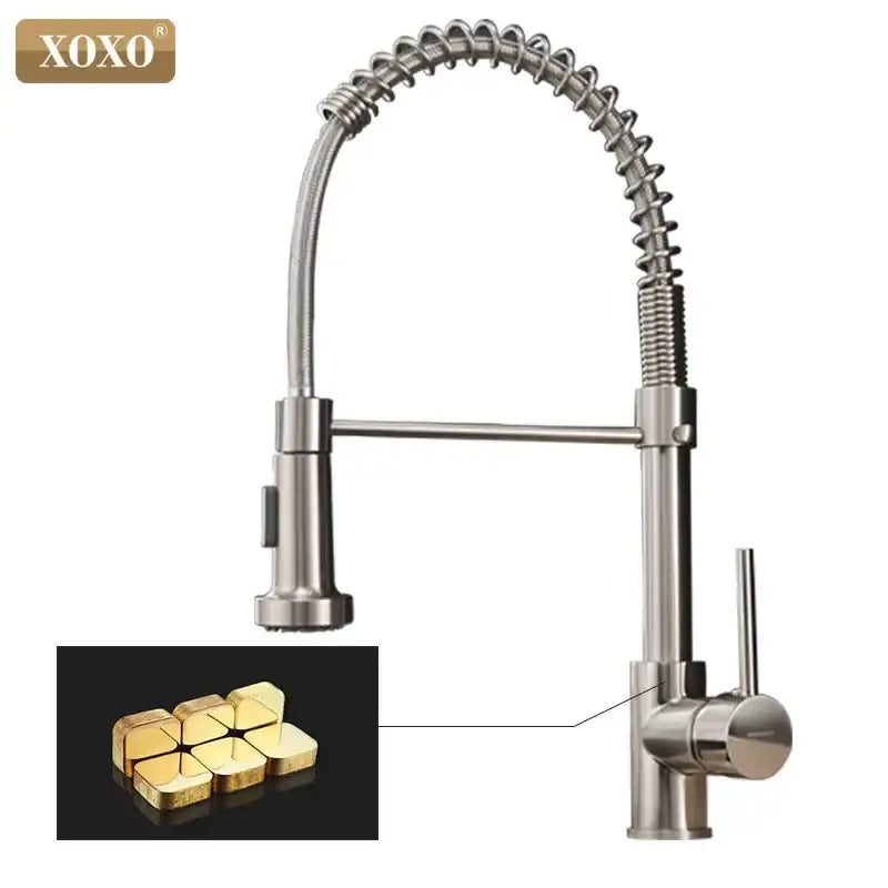 Brushed nickel kitchen faucet with pull down coiled gooseneck spout