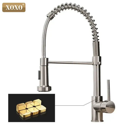 Brushed nickel kitchen faucet with pull down coiled gooseneck spout