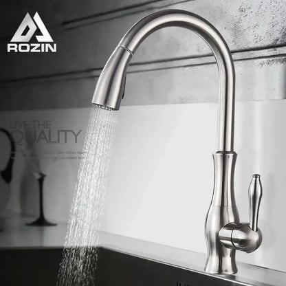 Brushed nickel kitchen faucet with pull down sprayer