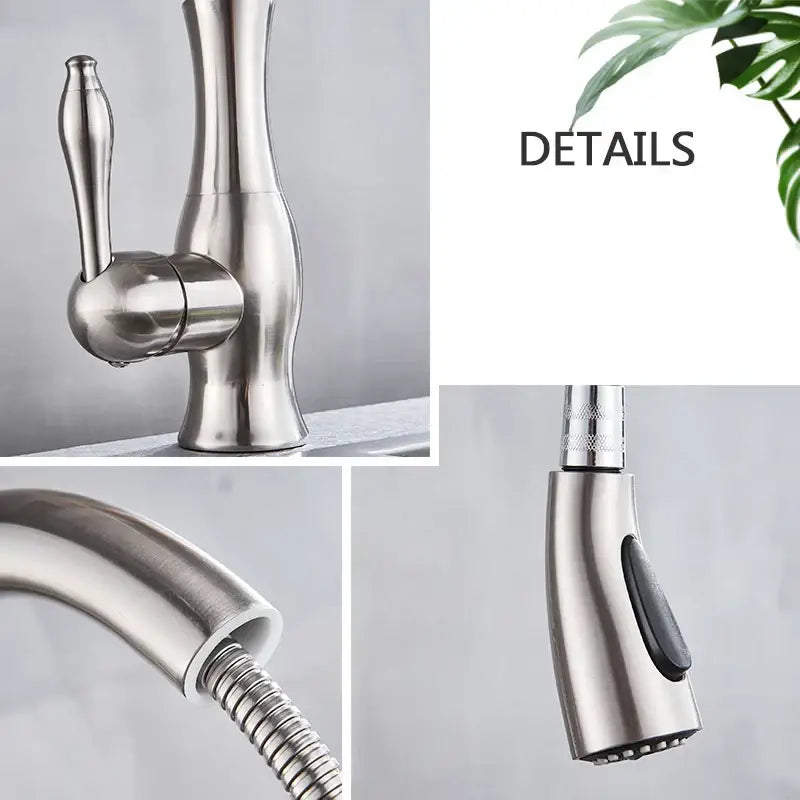 Brushed nickel kitchen faucet with pull down sprayer