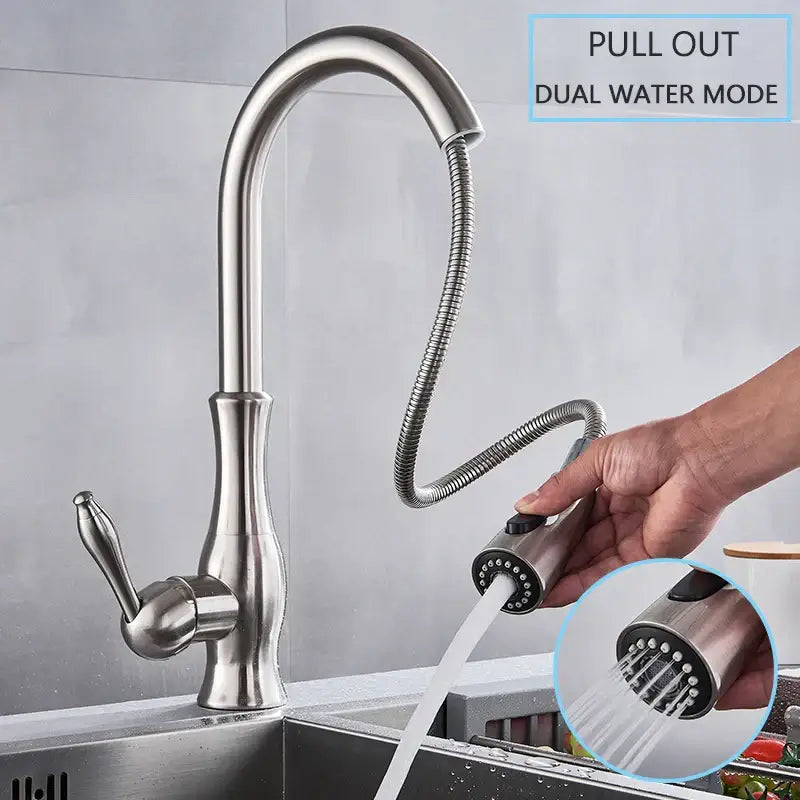 Brushed nickel kitchen faucet with pull down sprayer