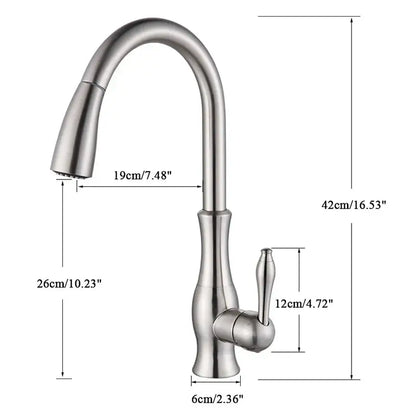Brushed nickel kitchen faucet with pull down sprayer