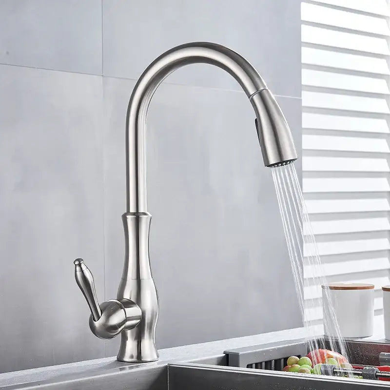 Brushed nickel kitchen faucet with pull down sprayer