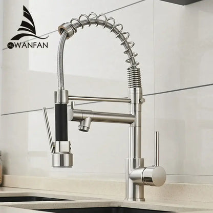 Brushed nickel kitchen faucet with spring hose and spray head
