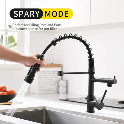 Brushed nickel kitchen faucet with spring hose and spray head
