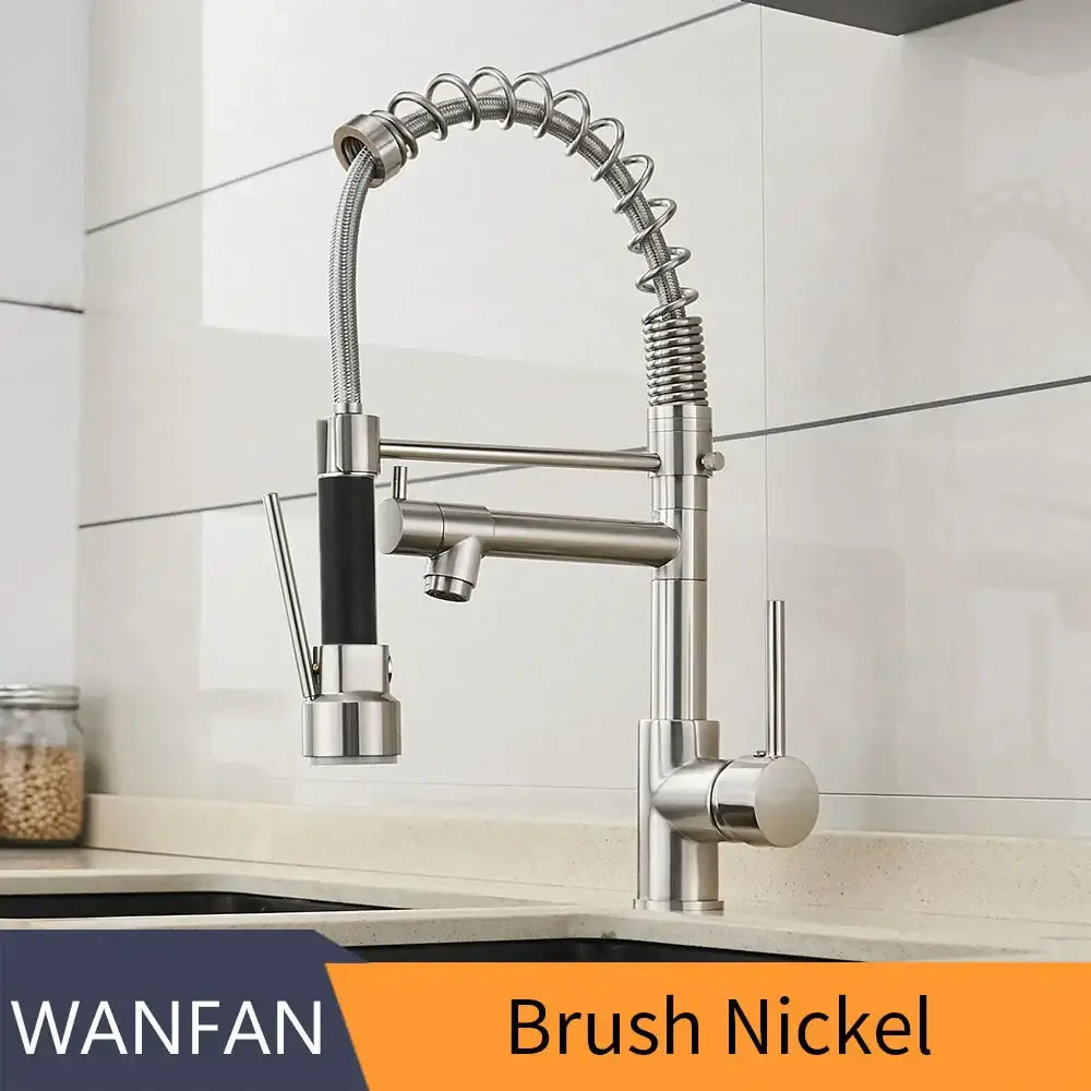 Brushed nickel kitchen faucet with spring hose and spray head