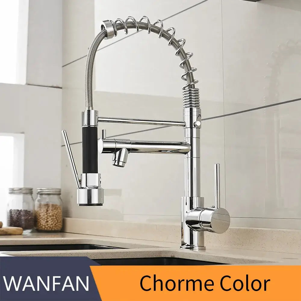 Brushed nickel kitchen faucet with spring hose and spray head