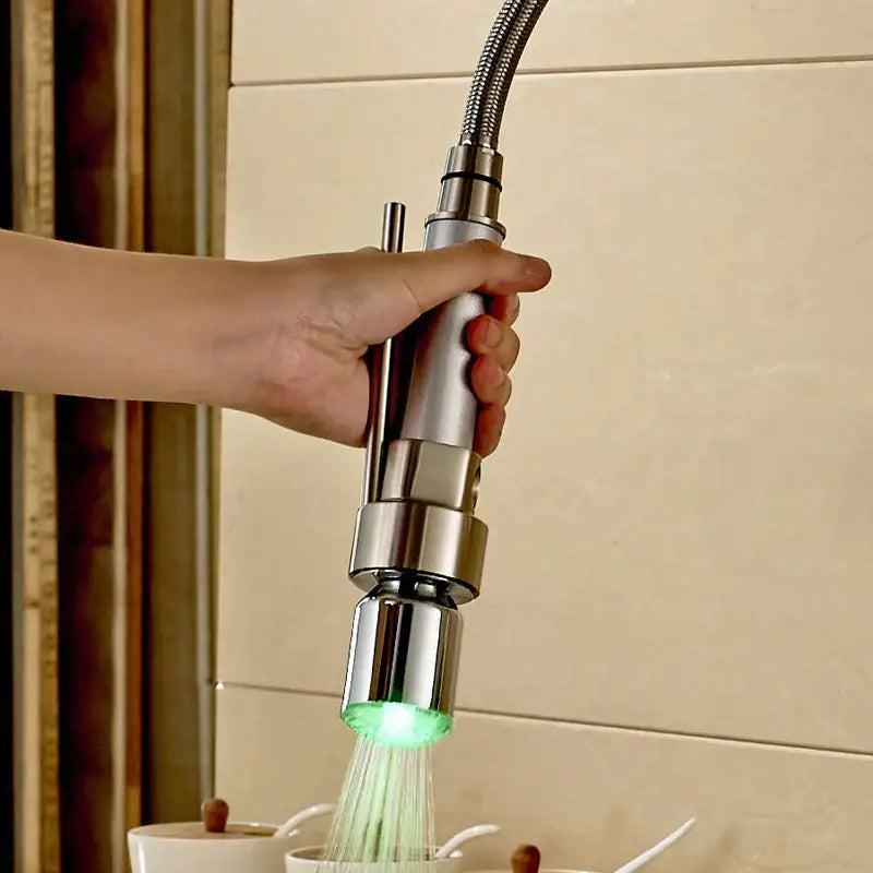 Brushed nickel led color changing kitchen faucet spray head