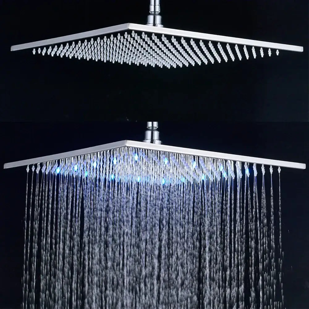 Brushed nickel led rainfall shower head bathroom blue light fixture