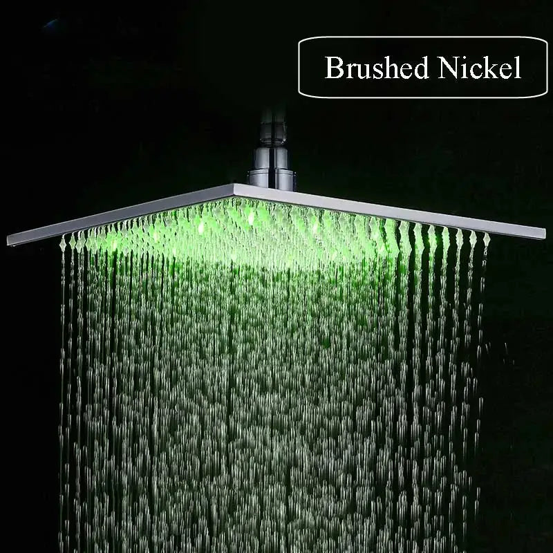 Brushed nickel led rainfall shower head bathroom blue light fixture
