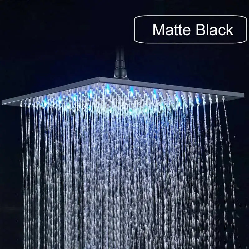 Brushed nickel led rainfall shower head bathroom blue light fixture