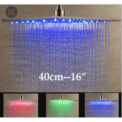 Brushed nickel led rainfall shower head bathroom blue light fixture