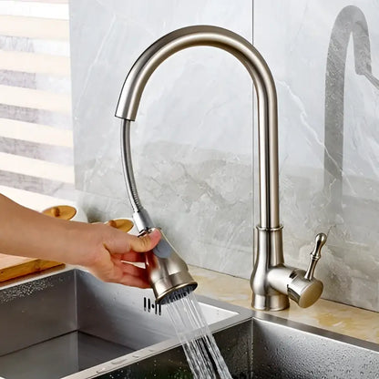 Brushed nickel pull out kitchen faucet stainless steel curved spout
