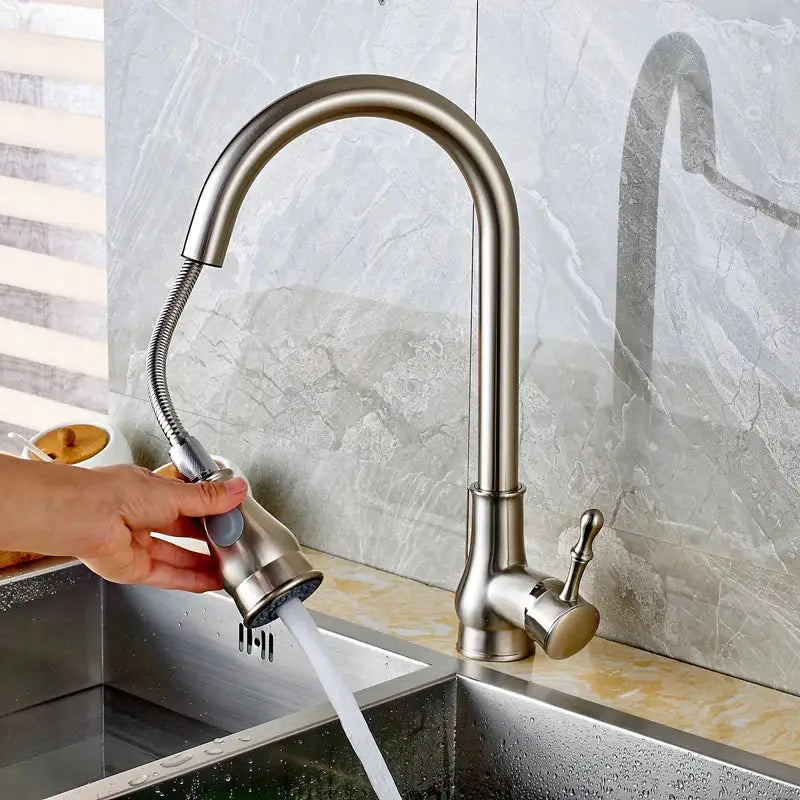 Brushed nickel pull out kitchen faucet stainless steel curved spout
