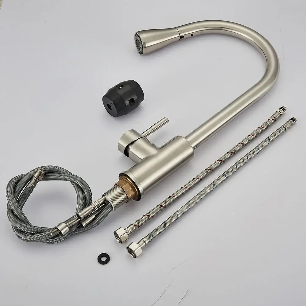 Brushed nickel pull out kitchen faucet with arched spray head