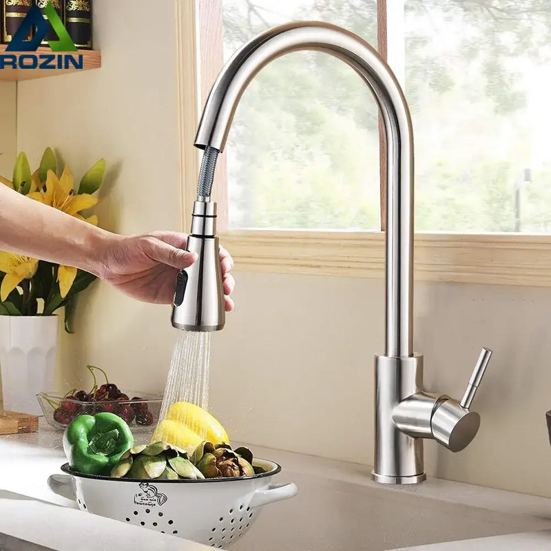 Brushed nickel pull out kitchen faucet with arched spray head