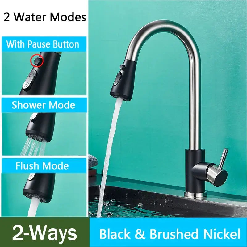 Brushed nickel pull out kitchen faucet with arched spray head