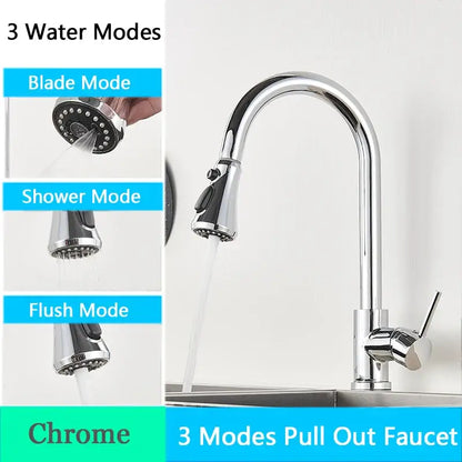 Brushed nickel pull out kitchen faucet with arched spray head
