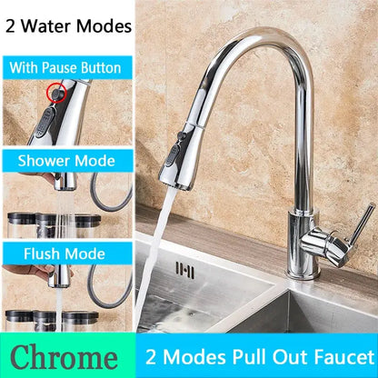 Brushed nickel pull out kitchen faucet with arched spray head