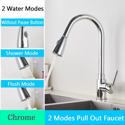 Brushed nickel pull out kitchen faucet with arched spray head