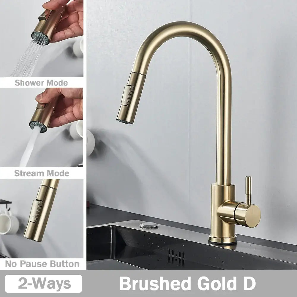 Brushed nickel pull out kitchen faucet with arched spray head