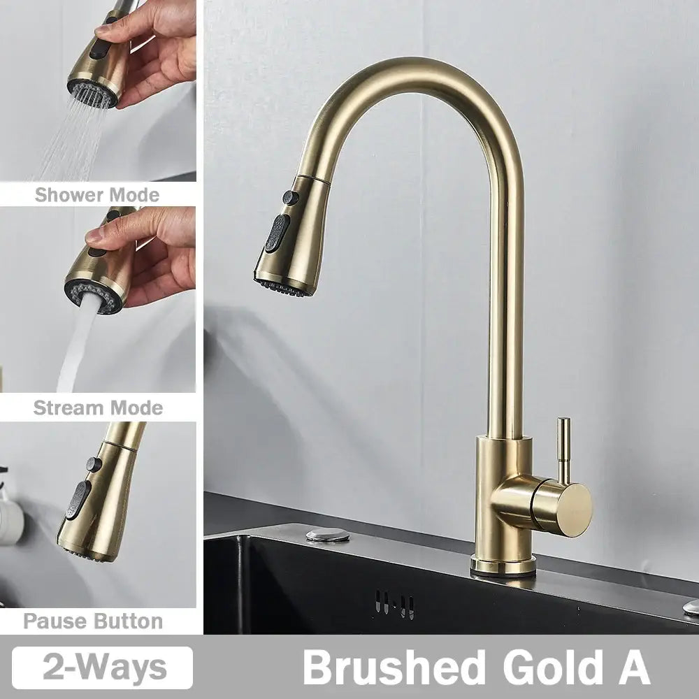 Brushed nickel pull out kitchen faucet with arched spray head