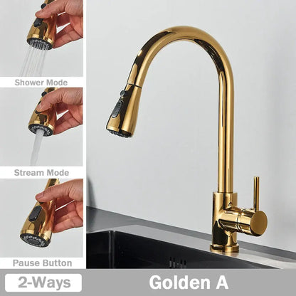 Brushed nickel pull out kitchen faucet with arched spray head