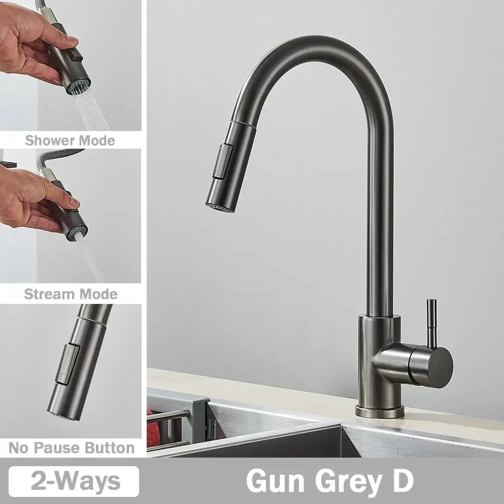 Brushed nickel pull out kitchen faucet with arched spray head