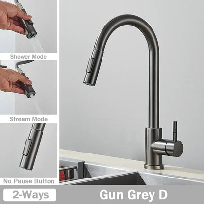 Brushed nickel pull out kitchen faucet with arched spray head