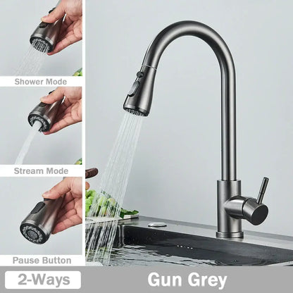 Brushed nickel pull out kitchen faucet with arched spray head