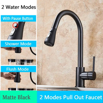 Brushed nickel pull out kitchen faucet with arched spray head