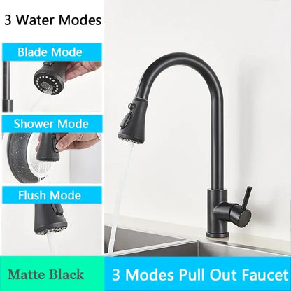 Brushed nickel pull out kitchen faucet with arched spray head