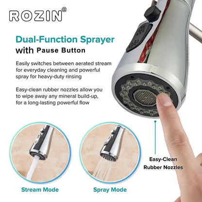 Brushed nickel pull out kitchen faucet with arched spray head